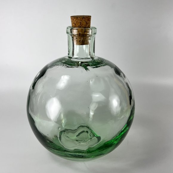 Hand Blown Round Glass Bottle Jug Decanter Green Hue Decorative Vtg Retro Look - Picture 3 of 8